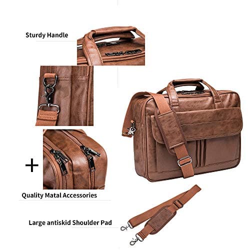 seyfocnia Mens Laptop Bag, PU Leather Messenger Bag Water Resistant Business Travel Briefcase, Work Computer Bag Satchel Bag for Men（17.3 Inch Brown） — view 4