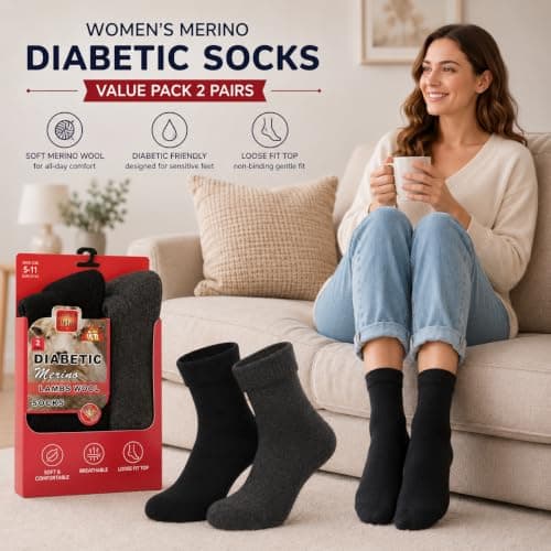 reshmena® 2 Diabetic Merino Wool Thermal Socks Women's Wool socks Extra Warm Thick Non Elastic Soft Wide Top Womens Socks Womens Walking thermal Socks Merino Size 4-8 Black — view 3