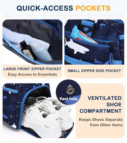 Overnight Bag for Kids, VASCHY Large Capacity Travel Duffle Bag for Boys Lightweight Holdall Gym Bag Weekender Bag with Shoes and Seperated Dry Wet Compartment for School, Dance, Sport（Blue Sharks） — view 4