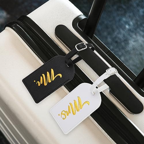 Simarro 2 Pcs Luggage Tags, PU Leather Travel Tags Mr and Mrs Gifts, Bridal Shower Gift for Married Couples Honeymoon Lovers Travel Outdoor Use — view 3