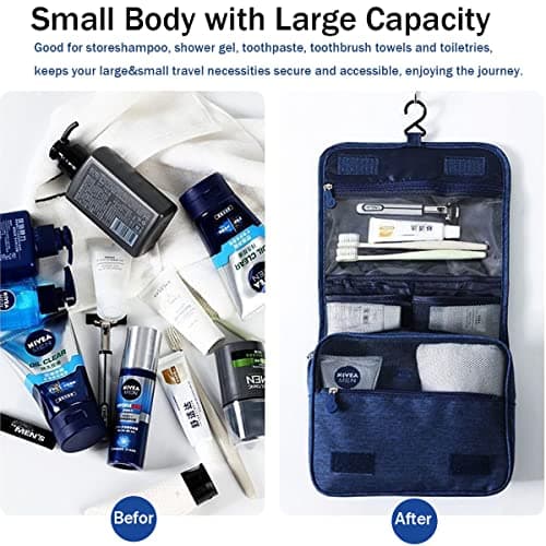 Hanging Travel Toiletry Bag, YYGOJOY Folding Travel Wash Bag, Portable Makeup Cosmetic Organizer, Waterproof Bathrooom Shower Bag with Hook for Men Women Kids (Navy Bule) — view 3