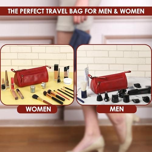 TheAntiq Leather Toiletry Bag Travel Dopp Kit for Men & Women Leather Makeup Organiser with Zipper Compartments Compact Travel Pouch 8x3.5x3.5 Inch (Red) — view 4