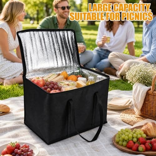 2 Pack Cool Bag Cool Box, 35L Black Insulated Tote with Zipper, Foldable Thermal Carrier for Grocery Shopping, Picnic, Camping, Beach, BBQ, Travel, Reusable Food Transport Storage — view 5