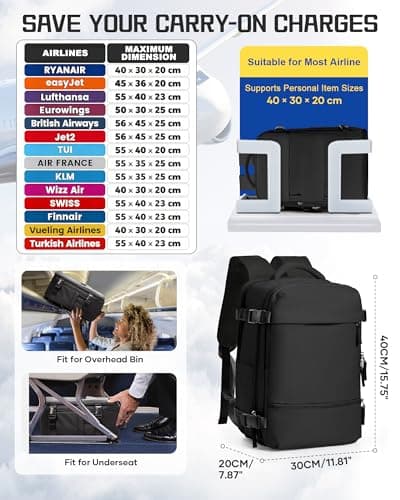 HPLQQ Vacuum Backpack Travel Bag with Pump, Ryanair Underseat Cabin Bags 40x30x20,Carry-ons Hand Luggage Travel Backpack Cabin Size 14 Inch Casual School Laptop Backpack,M-Black — view 2