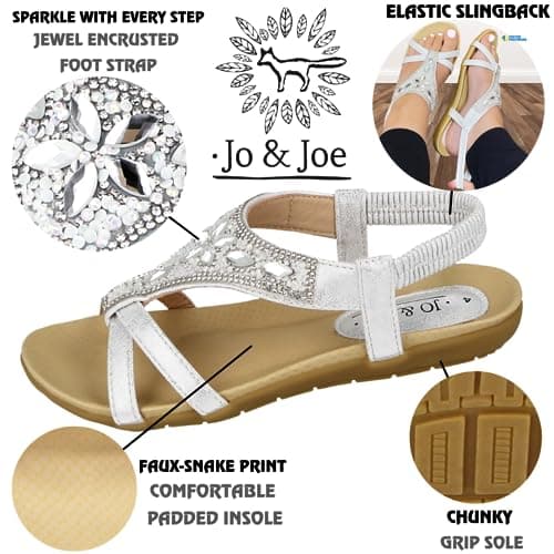 Jo & Joe Ladies Faux Leather Peep Open Toe Sling Back T-Bar Dimante Flat Flip Flop Sandals Size 3-8 (UK 7, Silver) — view 4