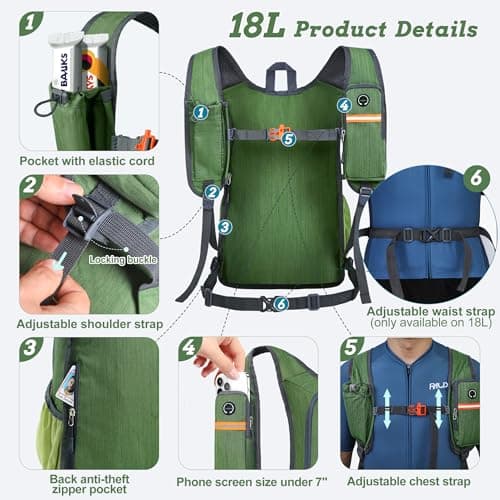 BECOJADDE 18L Hiking Backpack for Men Women Foldable Small Rucksack Lightweight Mini Backpack for Camping Travel Outdoor, Olive Green — view 2