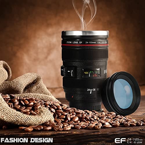 Splend Camera Lens Coffee Cup and Travel Mug, Double Wall Insulation Reusable Coffee Mugs, Food Grade Stainless Steel Coffee Mug Drink Flask Water Bottle Camera Lens Cup, 320 Milliliter Balck — view 2