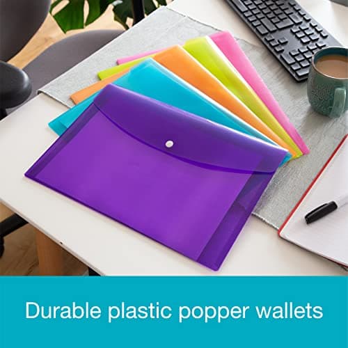 SUMMIT A4+ Heavy Duty Plastic Popper Wallets, Assorted Colours, Document Folders, Pack of 5 — view 6