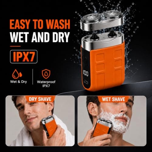 Mini Electric Shaver for Men Portable Travel Razor Cordless Rechargeable Rotary Beard Trimmer IPX5 Waterproof Pocket Power Shaver with Digital Display for Face Grooming Home Office Use Orange — view 3
