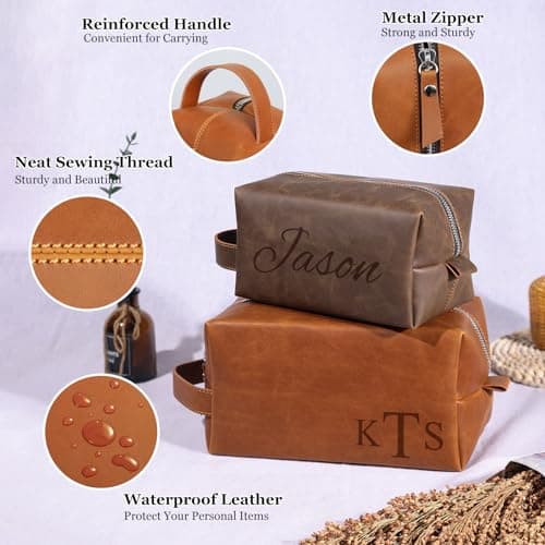 Personalized PU Leather Toiletry Bag for Men, Customized Shaving Dopp Kit with Engraved Monogram, Custom Travel Toiletry Bag for Groomsmen, Gift for Fathers Day, Christmas, Wedding, Anniversary — view 2
