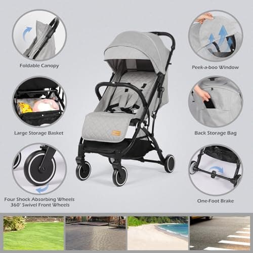 Hello-5ive Lightweight Travel Stroller Compact Baby Pushchair with Adjustable Seat, Mosquito Net, Rain Cover, One-Hand Folding Buggy with 5-Point Harness for Toddlers from Birth to 15kg (Light Grey) — view 4