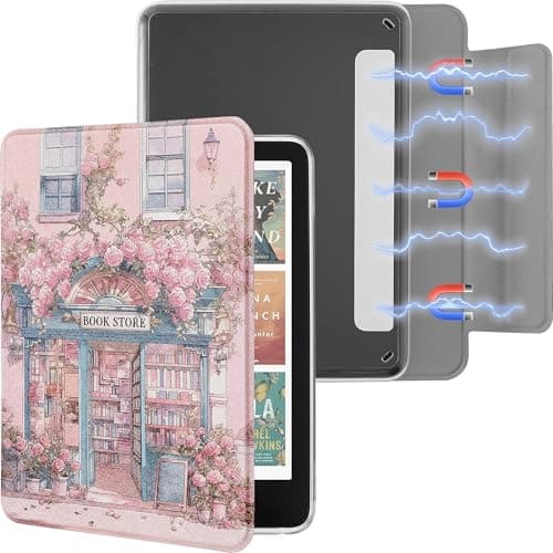 Litvana Detachable Magnetic Case for 7'' Kindle Paperwhite 12th Gen 2024 and Kindle Colorsoft Signature Edition, Slim PU Shell Cover Case with Auto Wake/Sleep (Pink Book Store)