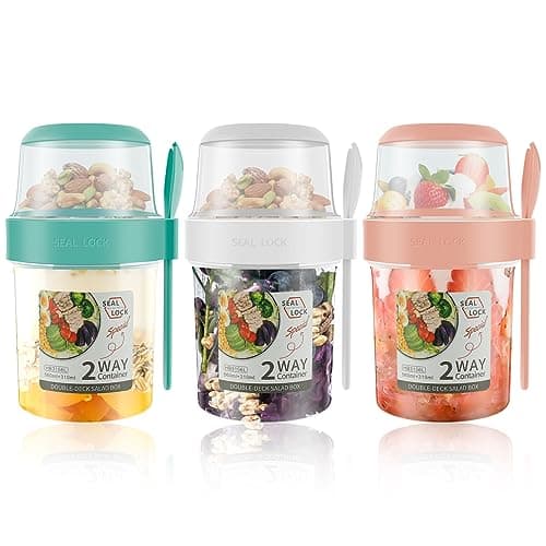 3 Pack Reusable Overnight Oats Container, Cereal Yogurt Cups Leak-Proof Breakfast Salad Cups with Lid and Spoon Portable Oatmeal Cup Breakfast On the Go Cups for School Office Travel