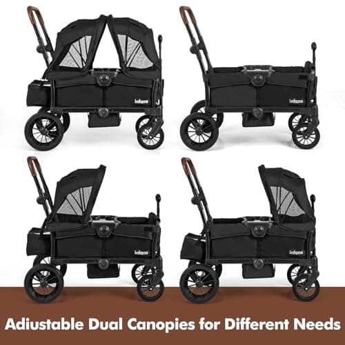 INFANS Wagon Stroller for 2 Kids, Collapsible Adjustable Push Pull Handle Bar, 2 Seater Stroller Wagon with Removable Canopy Snack Tray, Comfortable Drop-Down footwell and Upholstered Seats (Black) — view 4