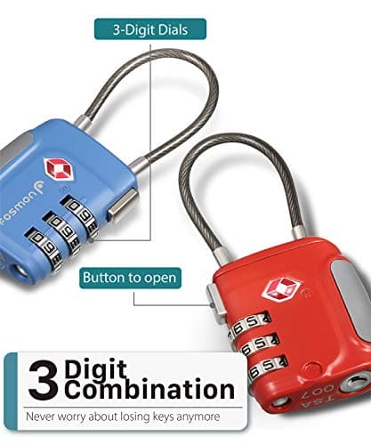 Fosmon TSA Accepted Cable Luggage Locks, 3 Digit Combination with Open Alert Indicator, Alloy Body and Release Button for Travel Bag, Suit Case & Luggage (4 Pack) - Black, Green, Red and Blue — view 3