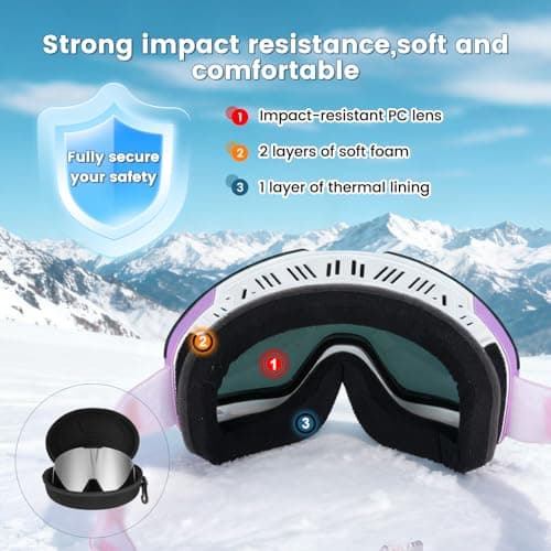 Hikeen Photochromic Ski Goggles - Anti-Fog, 100% UV Protection with 3-Layer Padding for Skiing and Snowboarding Men & Women with Storage Case-Purple — view 5