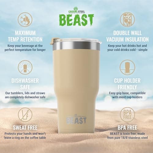 Beast Tumbler - 900 ml (30 oz), Beige Sand | Reusable Stainless Steel, Vacuum Insulated Cup | with + 2 Straws & Cleaning Brush | Double Wall Travel Flask Perfect for Hot or Iced Coffee | BPA Free — view 6
