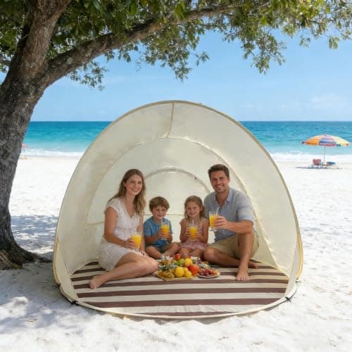 Pop-up Beach Tent for 3-4 Person, UV Protection Pop-Up Beach Sun Shelter, Automatic Sun Shade Shelter Tent with MosquitoNet, Portable Picnic Instant Tents, Beachs Accessories for Park Vacation Travel — view 3
