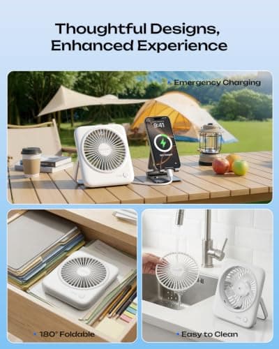 Otlonpe Portable Desk Fan, 4000mAh Small Rechargeable Quiet Personal Fan Battery-Operated & USB-Powered for Table, Travel, Bedroom, Sleeping, Office, Home Use, Cordless, 4-Speed, 6.5 Inches (White) — view 6