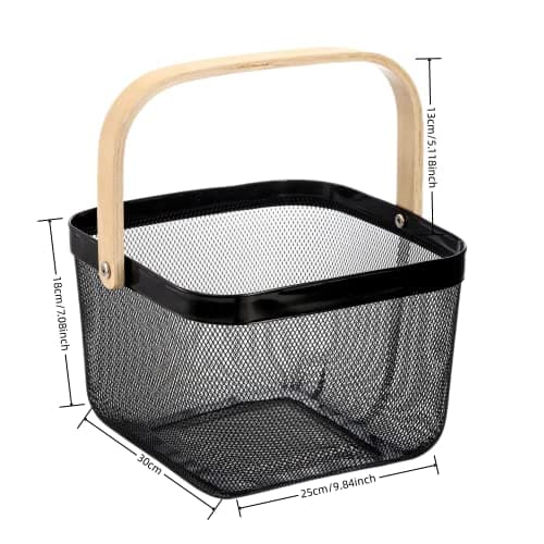 Metal Basket Storage Organizer, Multi-functional Basket with Bamboo Handle for Home Kitchen Picnic Shopping Decoration (Pink) — view 3