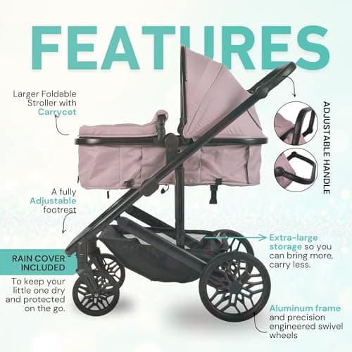 Lejoux™ Avant Baby Pushchair Travel System – Larger Foldable Stroller with Carrycot, 5-Point Harness, Adjustable Seat, Oversized Basket & One-Hand Fold – Swivel Wheels & Rain Cover Included (Pink) — view 2