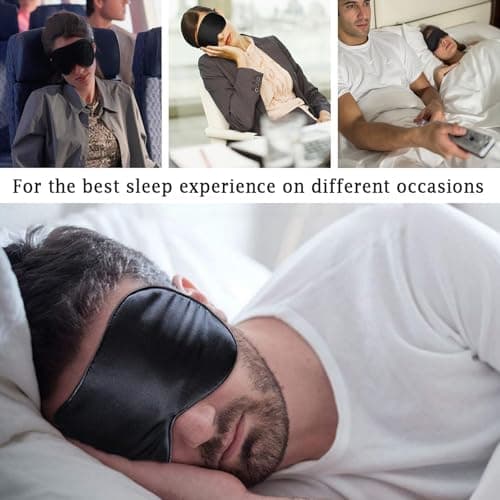 2 Pack Sleep Mask,Silk-Like Eye Mask with Adjustable Strap, Soft Eye Eye Sleep Shade Cover, 100% Light-Blackout Design Reduces Puffy Eyes, Sleeping Aid Blindfold for Night, Travel, Nap (Black*Black) — view 5