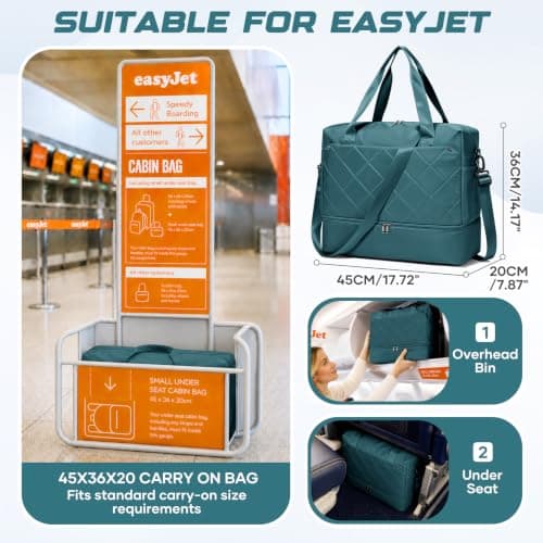 for Easyjet Airlines Underseat Cabin Bag 45X36X20 Weekend Overnight Carry on Holdall for Women Travel Duffel Sport Gym Tote Mum Hospital Bags with Wet Pocket,D04-Peacock Blue — view 2