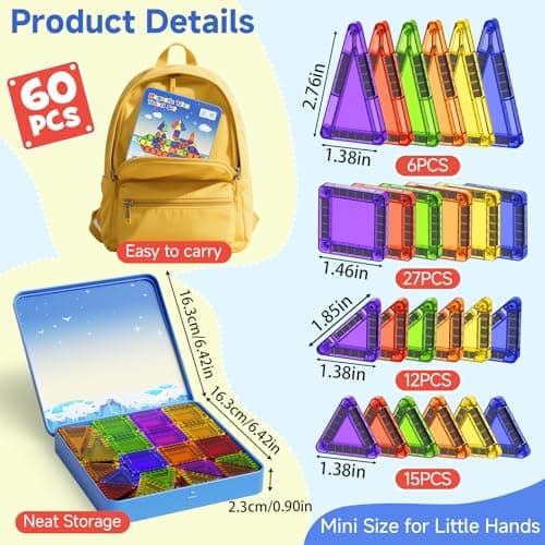 Magnetic Tiles Travel Set for Kids: 60pcs Classic Tin Case Building Fun — view 6