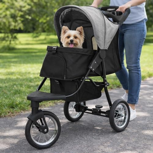 Foldable Pet Jogger Grey Travel Stroller Small Medium Dog Cat Pushchair 22kg Capacity Pram Buggy Carrier 3 Tubeless Wheels Brakes Leashes Canopy Mesh Windows Basket Cup Holders Caddy Bag Rain Cover — view 4