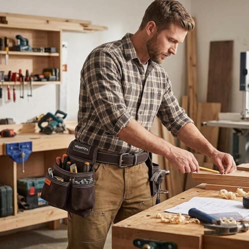 WrightFits Heavy Duty Leather Tool Pouch – 4 Pocket Tool Belt Organiser with Hammer Loop, Metal D-Ring & Nail Holder | Brown Suede Leather Work Pouch for Carpenters, Electricians & Builders — view 5