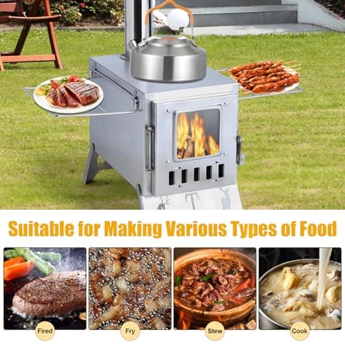 Hot Tent Stove with 5 Pipes Accessories, Wood Burning Camping Stove, Visible Window Side Panels Heating Cooking Wood Burner Stoves for Picnic Fishing Hiking (Silver) — view 4
