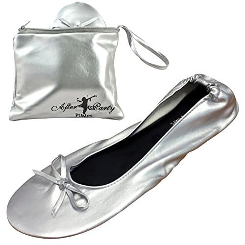 After Party Pumps® Silver Screen Size UK 3-4 Ladies Roll Up Shoes Fold Up Pumps Foldable with Carrier Pouch