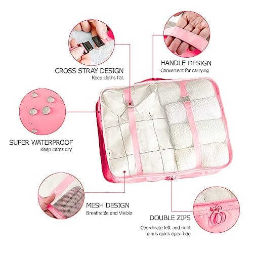 LANSKLBD 6/8 Set Packing Cubes for Suitcases Travel Luggage Packing Organizers,Travel Accessories Essentials Luggage Organizer with Shoe/Tioletry/Laundry Bag (Pink, 8 set) — view 6