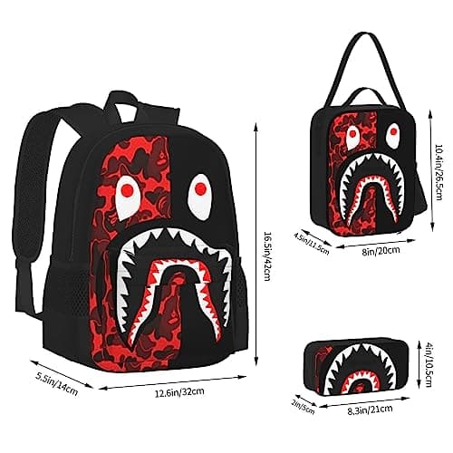 AABSTBFM Red-Black Shark School Bookbags Set with Lunch Bag Pencil Case, Travel Laptop Backpack School Bag 3pcs Set — view 2