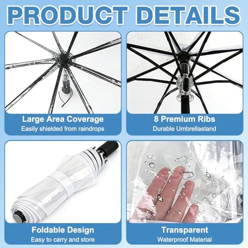 XPJBKC Clear Umbrella, 2 PCS Folding Transparent Umbrella, Windproof Compact See Through u-mbrella for Women Men, Rainproof Clear U-mbrellas for Weddings Bride Bridesmaid Party Travel Walking Events — view 2