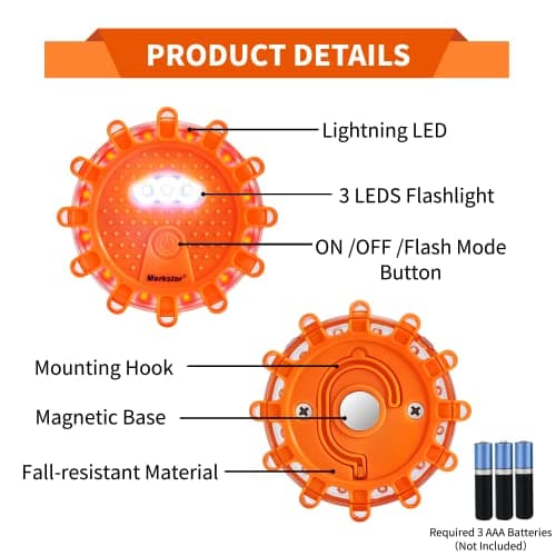 Markstor 6-Pack LED Road Flare Car Emergency Kit,Magnetic Base & Hook Road Flares Safety Light with 9 Flashing Modes,Roadside Flares Emergency Lights for Vehicles (6 Pack) — view 3