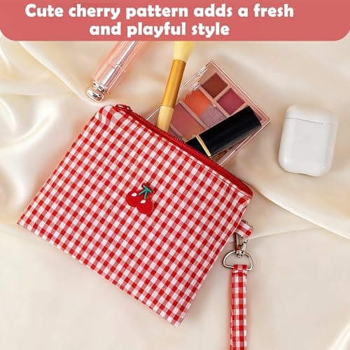 Cherry Makeup Pouch, Small Cosmetic Bag for Handbag, Plaid Travel Bag — view 2