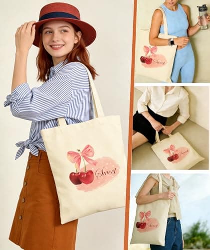Cherry Canvas Bags for Women - Women Tote Bag with Compartment Shoulder Bag — view 5