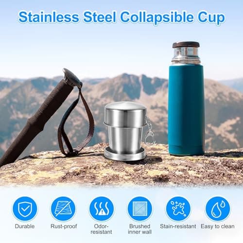 M METERXITY 2 Pack Stainless Steel Collapsible Travel Cup, 2.4/5oz Reusable Collapsible Metal Cup Portable Foldable Water Bottle with Lid and Keychain for Travel/Camping/Hiking — view 2