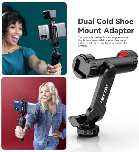 YZNT Phone Tripod Mount, Universal Smartphone Holder with 2 Cold Shoe Mount Adapter and 1/4" Standard Screw Thread, 360°Rotation & 180°Tilt Phone Clamp Compatible with iPhone & Android for Photography — view 2