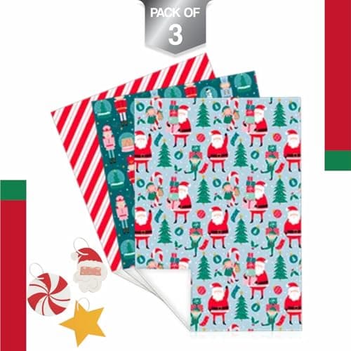 Christmas Wrapping Paper Sheets with Gift Tags & String – Santa, Elf & Red Stripe Designs – Premium Xmas Gift Wrap Set for Presents A2 Size (Pack of 3 Sheets & 3 Tags & Strings) — view 2