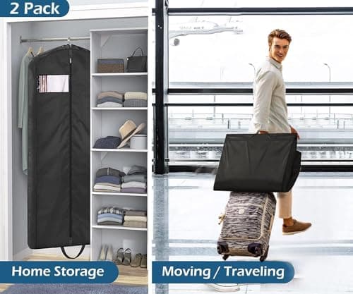 MISSLO 65" Long Garment Bags for Travel Dress Bag Covers Waterproof Wedding Dress Carrier for Women Hanging Clothing Bags Protectors for Storage Coats, Clothes, Suits, Black, 2 Packs — view 2