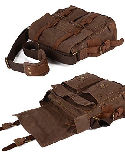 BW Vintage Military Men Canvas Bag - 14.5 inch Mens Vintage Casual Canvas Messenger Bag Men's Military Leather Canvas Travel Briefcase Crossbody Satchel Shoulder School Bag for Notebook Laptop (Brown) — view 3