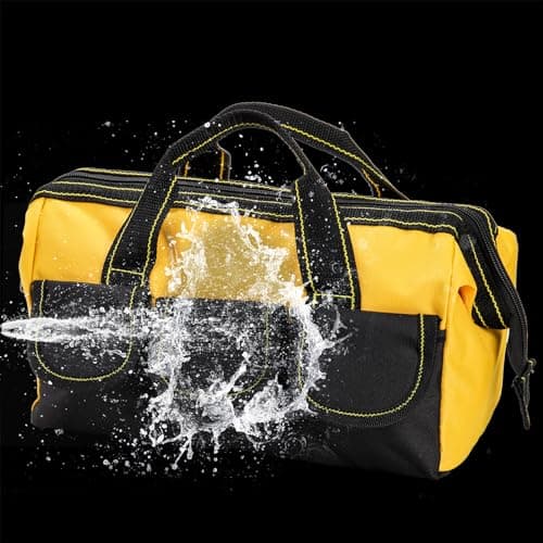 Mezchi 3 Pack 12"/ 30cm 5 Pockets Tool Bag, Wide Mouth Tool Tote Bags with Waterproof Base, Heavy Duty Tool Storage Bag Organizer for Home Repairs, Various Tools, Blue, Yellow, Red — view 3