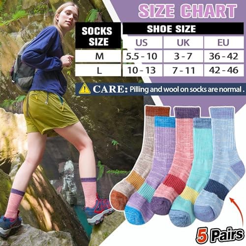 SAVALOS Merino Wool Hiking Socks for Women Thermal Warm Winter Cosy Work Crew Gifts Socks 5 Pairs Stocking Fillers(Light Blue/Light Green/Light Red/Khaki/Purple,3-7) — view 5