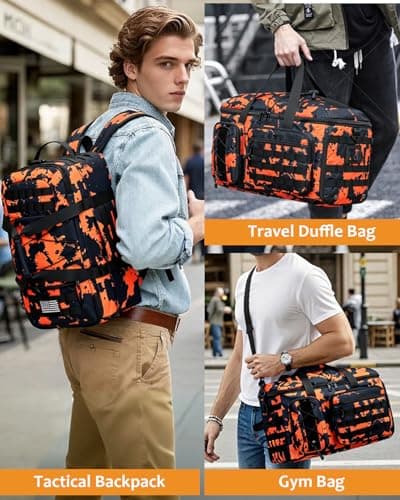 50L Gym Bags for Men, 3 in 1 Travel Duffle Bag with Shoe Compartment, Tactical Military Backpack for Overnight Weekender Gym Traveling Workout Deployment, Orange Graffiti, 50L, 3 in 1 Tactical Duffle — view 6