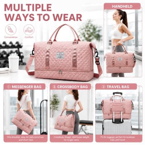 Travel Bag for Women with Shoe Compartment - Weekend Overnight Carry-on Duffel & Toiletry Bag - Water-Resistant Holdall Dry & Wet Separated for Gym, Sports, Vacation, Hospital Tote (Pink) — view 6
