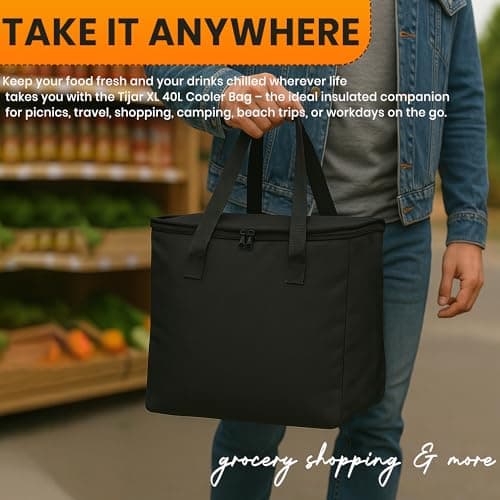 Tijar XL 40L Cooler Bag – Extra Large Heavy Duty Insulated Cool Bag, Black – Thick Foam Lined, Leak-Resistant, Foldable, Double Strap, Durable Zipper – Picnic, Camping, Food Storage, Travel — view 5