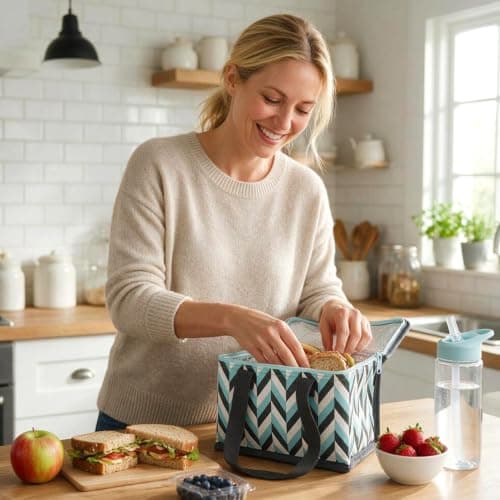 Fashion Stationery Insulated Lunch Bag, Mint Chevron, Folding Cooler — view 6