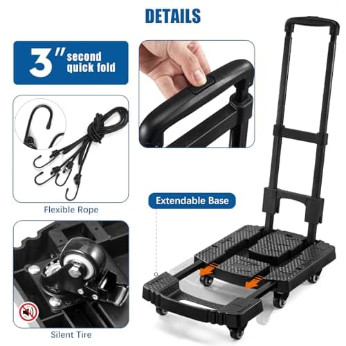 Folding Trolley on Wheels, 225Kg Heavy Duty Extendable Sack Truck/Sack Barrow with 6 Wheels (2 with Brake) & 2 Elastic Straps - Compact for Moving, Luggage, Garden Plants, Camping (jet black) — view 3